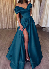 Prom Dress Princess Style, A-line Off-the-Shoulder Short Sleeve Satin Long/Floor-Length Prom Dress With Ruffles Split