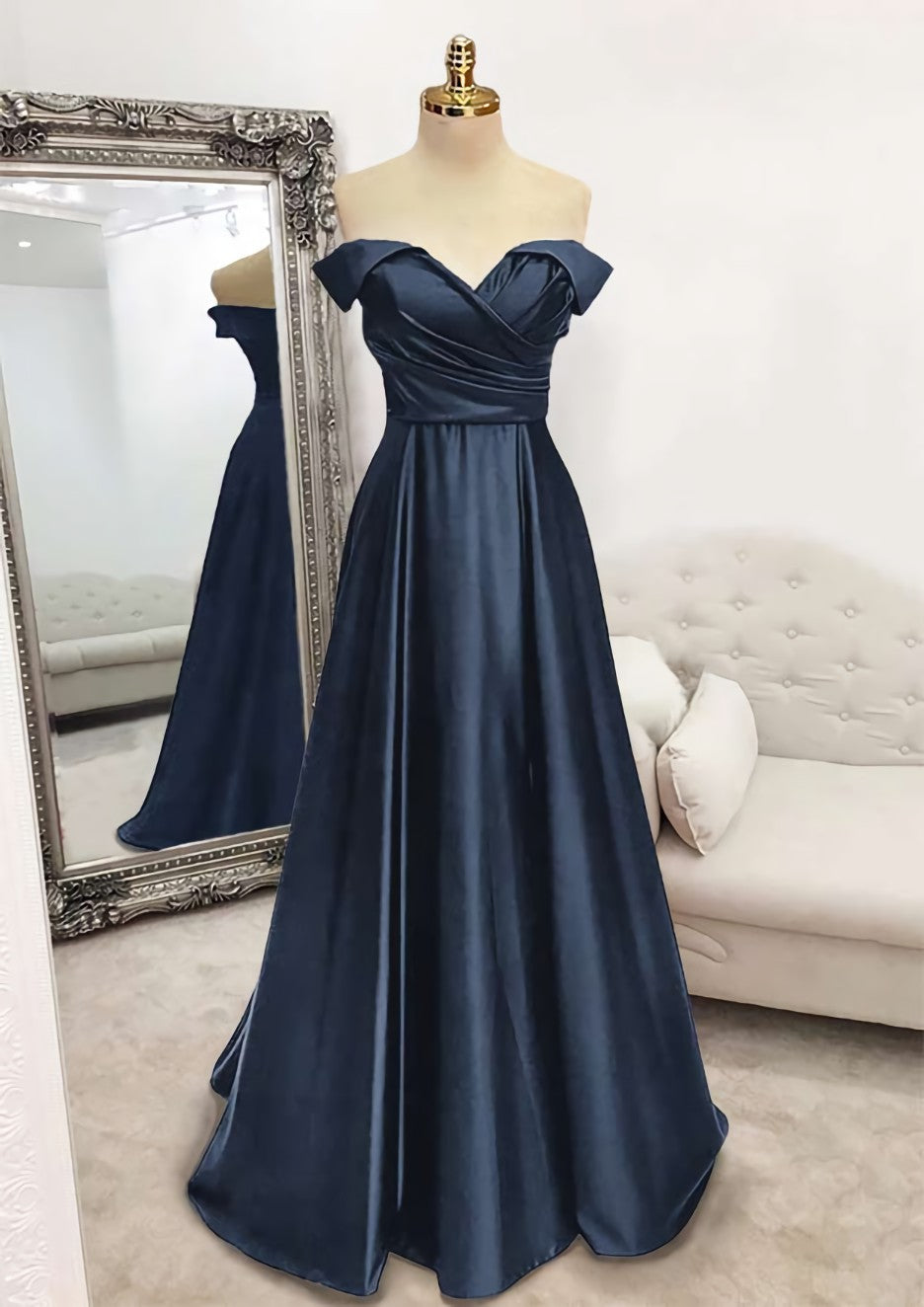 Evening Dress Sale, A-line Off-the-Shoulder Sleeveless Long/Floor-Length Satin Prom Dress With Pleated