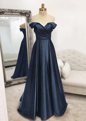 Evening Dress Sale, A-line Off-the-Shoulder Sleeveless Long/Floor-Length Satin Prom Dress With Pleated
