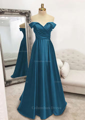 Evening Dress For Sale, A-line Off-the-Shoulder Sleeveless Long/Floor-Length Satin Prom Dress With Pleated
