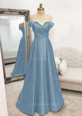 Evening Dresses For Sale, A-line Off-the-Shoulder Sleeveless Long/Floor-Length Satin Prom Dress With Pleated