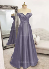 Evening Dress Store, A-line Off-the-Shoulder Sleeveless Long/Floor-Length Satin Prom Dress With Pleated