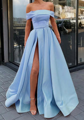 Prom Dresses A Line, A-line Off-the-Shoulder Sleeveless Long/Floor-Length Satin Prom Dress With Split