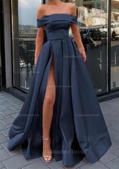 Prom Dresses 2048, A-line Off-the-Shoulder Sleeveless Long/Floor-Length Satin Prom Dress With Split