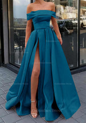 Prom Dresses Outfits, A-line Off-the-Shoulder Sleeveless Long/Floor-Length Satin Prom Dress With Split