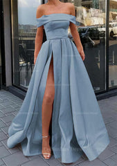 Prom Dresses Casual, A-line Off-the-Shoulder Sleeveless Long/Floor-Length Satin Prom Dress With Split