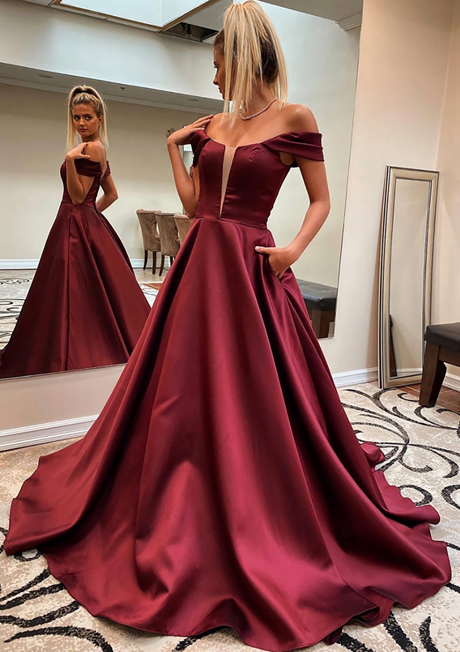 Prom Dress Long With Sleeves, A-line Off-the-Shoulder Sleeveless Satin Sweep Train Prom Dress With Pockets