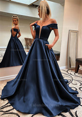 Prom Dresses Long With Sleeves, A-line Off-the-Shoulder Sleeveless Satin Sweep Train Prom Dress With Pockets