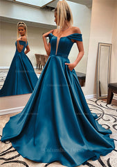 Prom Dress Long Mermaid, A-line Off-the-Shoulder Sleeveless Satin Sweep Train Prom Dress With Pockets