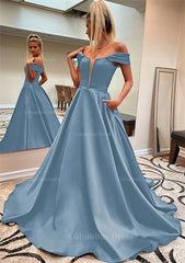 Prom Dresses Long Mermaide, A-line Off-the-Shoulder Sleeveless Satin Sweep Train Prom Dress With Pockets