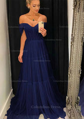 Formal Dresses For Teen, A-line Off-the-Shoulder Sleeveless Sweep Train Tulle Prom Dress With Pleated
