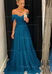 Formal Dress For Teens, A-line Off-the-Shoulder Sleeveless Sweep Train Tulle Prom Dress With Pleated