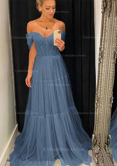 Formal Dress For Graduation, A-line Off-the-Shoulder Sleeveless Sweep Train Tulle Prom Dress With Pleated
