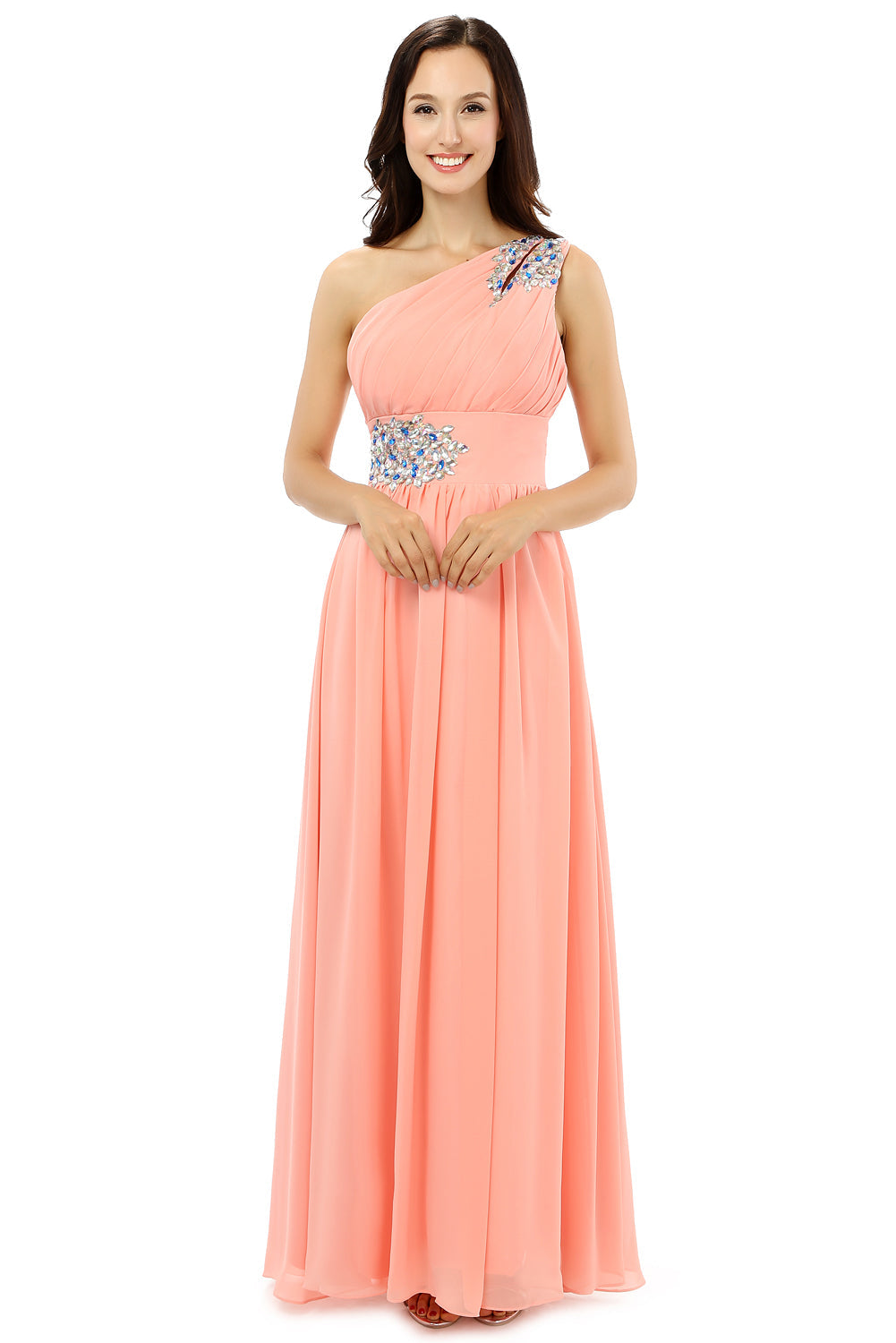 Party Dress Stores, A-line One-shoulder Chiffon Beaded Crystals Coral Bridesmaid Dresses