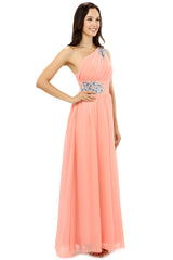 Party Dress Store, A-line One-shoulder Chiffon Beaded Crystals Coral Bridesmaid Dresses