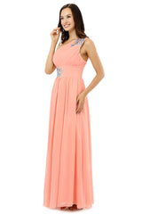 Party Dresses On Sale, A-line One-shoulder Chiffon Beaded Crystals Coral Bridesmaid Dresses