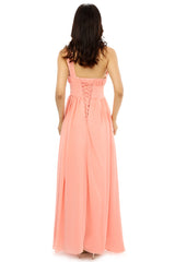 Party Dress On Sale, A-line One-shoulder Chiffon Beaded Crystals Coral Bridesmaid Dresses
