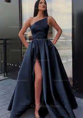 Bridesmaid Dresses Mismatch, A-line One-Shoulder Long/Floor-Length Satin Prom Dress With Pockets Waistband Split