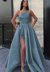 Bridesmaid Dresses Style, A-line One-Shoulder Long/Floor-Length Satin Prom Dress With Pockets Waistband Split