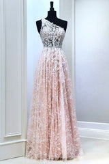 Evening Dresses Cheap, A Line One Shoulder Pink Lace Long Prom Dress, Pink Lace Formal Dress, Pink Evening Dress