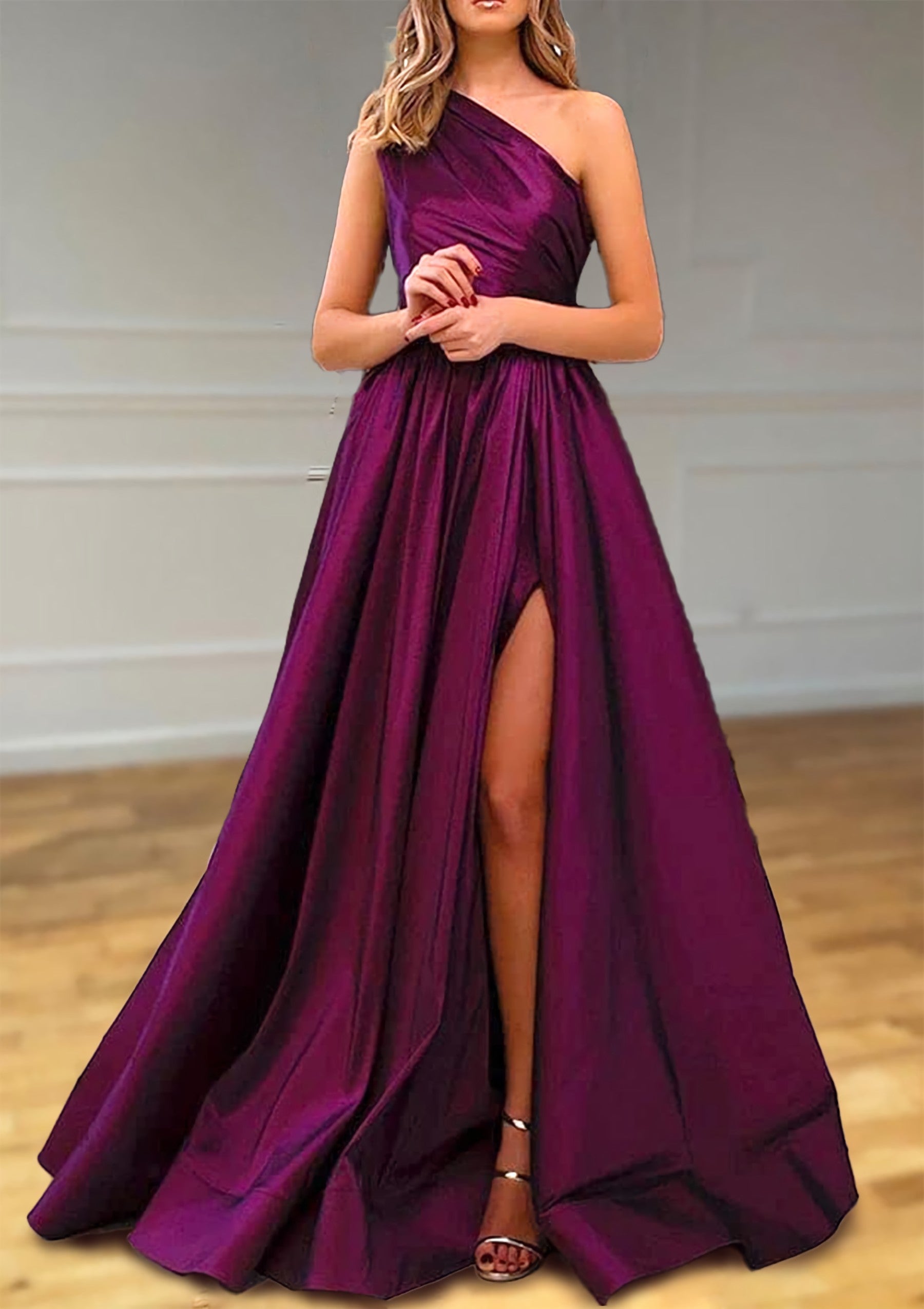 Party Dress Short Tight, A-line One-Shoulder Satin Prom Dress With Pleated Split