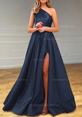 Party Dresses Short Tight, A-line One-Shoulder Satin Prom Dress With Pleated Split