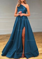 Party Dress For Babies, A-line One-Shoulder Satin Prom Dress With Pleated Split
