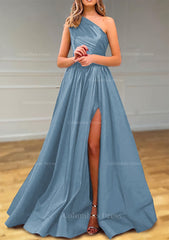 Party Dress Hijab, A-line One-Shoulder Satin Prom Dress With Pleated Split