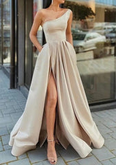 Red Carpet Dress, A-line One-Shoulder Sleeveless Long/Floor-Length Satin Prom Dress With Ruffles Split