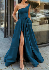 Fairytale Dress, A-line One-Shoulder Sleeveless Long/Floor-Length Satin Prom Dress With Ruffles Split