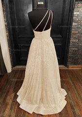 Bridesmaid Dresses Styles, A-line One-Shoulder Sleeveless Long/Floor-Length Sequined Prom Dress With Pockets