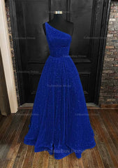 Bridesmaide Dresses Long, A-line One-Shoulder Sleeveless Long/Floor-Length Sequined Prom Dress With Pockets