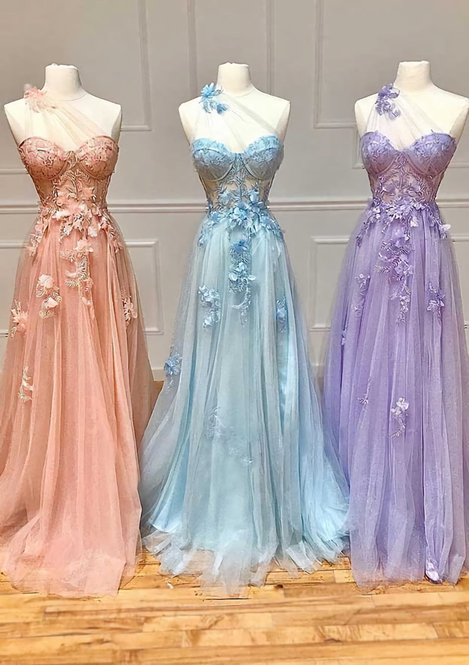 Prom Dresses For 12 Year Olds, A-line One-Shoulder Sleeveless Long/Floor-Length Tulle Prom Dress with Appliqued Split