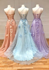Prom Dresses Sage Green, A-line One-Shoulder Sleeveless Long/Floor-Length Tulle Prom Dress with Appliqued Split