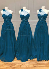 Wedding Guest Dress, A-line One-Shoulder Sleeveless Long/Floor-Length Tulle Prom Dress with Appliqued Split