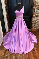 Prom Dresses Two Pieces, A-line One-Shoulder Sleeveless Satin Long/Floor-Length Prom Dress With Beading Pleated
