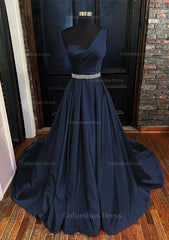 Prom Dressed Two Piece, A-line One-Shoulder Sleeveless Satin Long/Floor-Length Prom Dress With Beading Pleated
