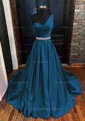 Prom Dress Two Pieces, A-line One-Shoulder Sleeveless Satin Long/Floor-Length Prom Dress With Beading Pleated
