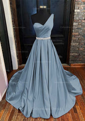 Formal Dress, A-line One-Shoulder Sleeveless Satin Long/Floor-Length Prom Dress With Beading Pleated