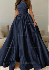 Bridesmaid Dresses Mismatched Winter, A-line One-Shoulder Sleeveless Sweep Train Satin Prom Dress with Pleated