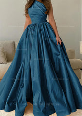 Beach Wedding, A-line One-Shoulder Sleeveless Sweep Train Satin Prom Dress with Pleated