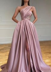 Prom Dressed Two Piece, A-line One-Shoulder Sleeveless Sweep Train Satin Prom Dresses With Split Pleated