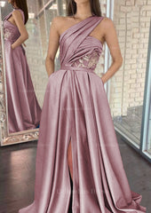 Prom Dress Two Pieces, A-line One-Shoulder Sleeveless Sweep Train Satin Prom Dresses With Split Pleated