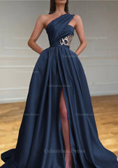 Formal Dress, A-line One-Shoulder Sleeveless Sweep Train Satin Prom Dresses With Split Pleated