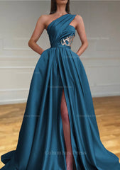 Prom, A-line One-Shoulder Sleeveless Sweep Train Satin Prom Dresses With Split Pleated