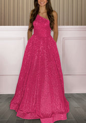 Bridesmaid Dress Mdae To Order, A-line One-Shoulder Sleeveless Sweep Train Sequined Prom Dress with Pockets