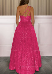 Bridesmaid Dress Under 102, A-line One-Shoulder Sleeveless Sweep Train Sequined Prom Dress with Pockets