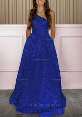 Bridesmaids Dress Under 102, A-line One-Shoulder Sleeveless Sweep Train Sequined Prom Dress with Pockets
