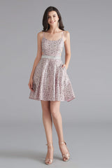 Prom Dress With Slits, A-Line Pink Leopard Sequins Spaghetti Straps Cross Back Homecoming Dresses