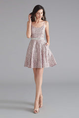 Prom Dress With Slit, A-Line Pink Leopard Sequins Spaghetti Straps Cross Back Homecoming Dresses